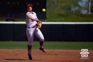 Nebraska Cornhusker Ava Kuszak (7) throws to first against the Maryland Terrapins during a college softball game on Sunday, May 4, 2025 in Lincoln, Nebraska. Photo by John S. Peterson.