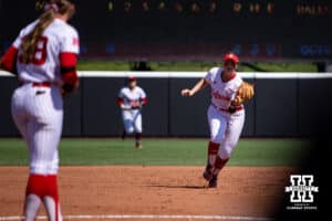 Nebraska Cornhusker Ava Kuszak (7) makes a catch against the Maryland Terrapins during a college softball game on Sunday, May 4, 2025 in Lincoln, Nebraska. Photo by John S. Peterson.
