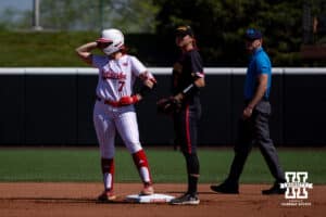 Nebraska Cornhusker Ava Kuszak (7) celebrates a double bringing a run in against the Maryland Terrapins in the first inning during a college softball game on Sunday, May 4, 2025 in Lincoln, Nebraska. Photo by John S. Peterson.