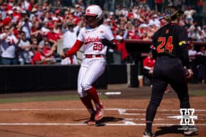 Nebraska Cornhusker Samantha Bland (29) socres from Ava Kuszak double in the first inning against the Maryland Terrapins during a college softball game on Sunday, May 4, 2025 in Lincoln, Nebraska. Photo by John S. Peterson.