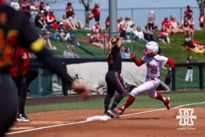 Nebraska Cornhusker Samantha Bland (29) runs home from Ava Kuszak double in the first inning against the Maryland Terrapins during a college softball game on Sunday, May 4, 2025 in Lincoln, Nebraska. Photo by John S. Peterson.