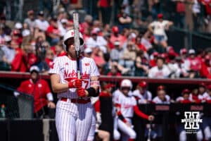 Nebraska Cornhusker Ava Kuszak (7) preppares for her at bat against the Maryland Terrapins in the first inning during a college softball game on Sunday, May 4, 2025 in Lincoln, Nebraska. Photo by John S. Peterson.