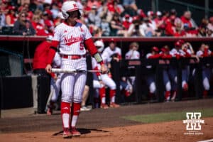 Nebraska Cornhusker Jordyn Bahl (98) first up to bat against the Maryland Terrapins during a college softball game on Sunday, May 4, 2025 in Lincoln, Nebraska. Photo by John S. Peterson.