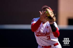 Nebraska Cornhusker Bella Bacon (3) makes an out against the Maryland Terrapins during a college softball game on Sunday, May 4, 2025 in Lincoln, Nebraska. Photo by John S. Peterson.