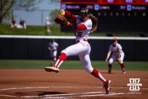 Nebraska Cornhusker Jordyn Bahl (98) throws a pitch against the Maryland Terrapins in the first inning during a college softball game on Sunday, May 4, 2025 in Lincoln, Nebraska. Photo by John S. Peterson.