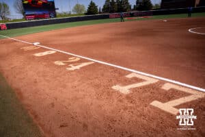 The senior players number along the third baseline for Senior Day before taking on the Maryland Terrapins during a college softball game on Sunday, May 4, 2025 in Lincoln, Nebraska. Photo by John S. Peterson.