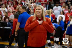 Nebraska Cornhusker head coach Dani Busboom-Kelly reacts when fans sign happy birthday to her after the spring match against the South Dakota State Jackrabbits on Saturday, May 3, 2025 in Ord, Nebraska. Photo by John S. Peterson