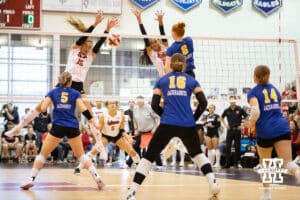 Nebraska Cornhusker Andi Jackson (15) blocks the ball against South Dakota State Jackrabbit Madison Burr (8) during the spring match on Saturday, May 3, 2025 in Ord, Nebraska. Photo by John S. Peterson