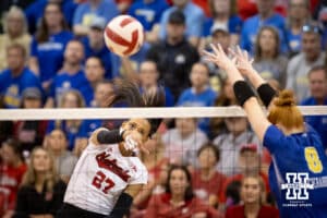 Nebraska Cornhusker Harper Murray (27) spikes the ball past South Dakota State Jackrabbit Madison Burr (8) in the spring match on Saturday, May 3, 2025 in Ord, Nebraska. Photo by John S. Peterson