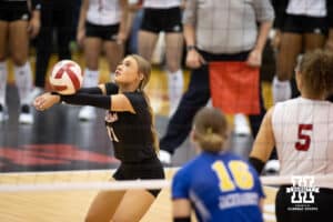 Nebraska Cornhusker Maisie Boesiger (7) digs the ball against South Dakota State Jackrabbits during the spring match on Saturday, May 3, 2025 in Ord, Nebraska. Photo by John S. Peterson