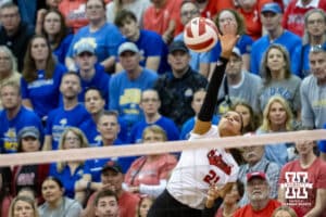 Nebraska Cornhusker Skyler Pierce (21) spikes the ball against the South Dakota State Jackrabbits during the spring match on Saturday, May 3, 2025 in Ord, Nebraska. Photo by John S. Peterson