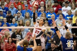 Nebraska Cornhusker Harper Murray (27) hits the ball against the South Dakota State Jackrabbits during the spring match on Saturday, May 3, 2025 in Ord, Nebraska. Photo by John S. Peterson