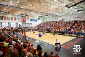 Packed gym at the Ord High School for the spring match between the Nebraska Cornhuskers and the South Dakota State Jackrabbits on Saturday, May 3, 2025 in Ord, Nebraska. Photo by John S. Peterson