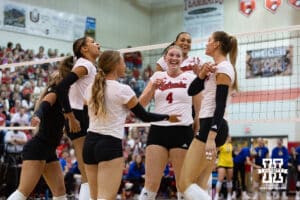 Nebraska Cornhuskers celebrates Nebraska Cornhusker Andi Jackson (15) kill against the South Dakota State Jackrabbits during the spring match on Saturday, May 3, 2025 in Ord, Nebraska. Photo by John S. Peterson
