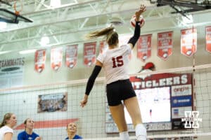 Nebraska Cornhusker Andi Jackson (15) spikes the ball against the South Dakota State Jackrabbits during the spring match on Saturday, May 3, 2025 in Ord, Nebraska. Photo by John S. Peterson