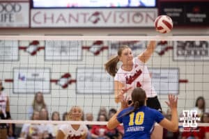 Nebraska Cornhusker Campbell Flynn (4) spikes the ball against South Dakota State Jackrabbit outside hitter Sylvie Zgonc (10) during the spring match on Saturday, May 3, 2025 in Ord, Nebraska. Photo by John S. Peterson