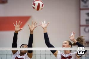 Nebraska Cornhusker Campbell Flynn (4) and Nebraska Cornhusker Andi Jackson (15) jump for the ball against the South Dakota State Jackrabbits on Saturday, May 3, 2025 in Ord, Nebraska. Photo by John S. Peterson
