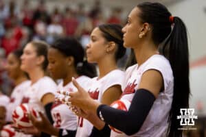 Nebraska Cornhusker Harper Murray (27) has DBK written on the tape on her fingers before the match against the South Dakota State Jackrabbits on Saturday, May 3, 2025 in Ord, Nebraska. Photo by John S. Peterson