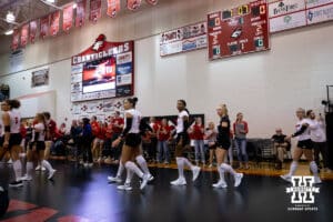 Nebraska Cornhuskers take the court after warm ups to take on the South Dakota State Jackrabbits on Saturday, May 3, 2025 in Ord, Nebraska. Photo by John S. Peterson