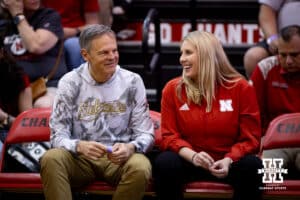 Former Nebraska Cornhuskers head coach John Cook talking to the current head coach Dani Busboom-Kelly before the match against the South Dakota State Jackrabbits on Saturday, May 3, 2025 in Ord, Nebraska. Photo by John S. Peterson