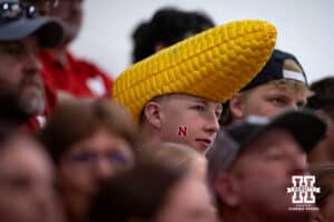 Nebraska Cornhuskers fan wearing a corn hat for the spring game against the South Dakota State Jackrabbits on Saturday, May 3, 2025 in Ord, Nebraska. Photo by John S. Peterson
