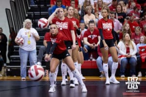 Nebraska Cornhusker Laney Choboy (6) does a dig warming up for the spring match against the South Dakota State Jackrabbits on Saturday, May 3, 2025 in Ord, Nebraska. Photo by John S. Peterson
