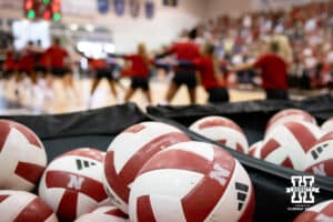 Nebraska Cornhuskers warming up before taking on the South Dakota State Jackrabbits in the spring match on Saturday, May 3, 2025 in Ord, Nebraska. Photo by John S. Peterson