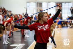 Nebraska Cornhusker Maisie Boesiger (7) stretching before takingon the South Dakota State Jackrabbits in the spring match on Saturday, May 3, 2025 in Ord, Nebraska. Photo by John S. Peterson