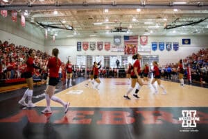 Nebraska Cornhuskers warming up before taking on the South Dakota State Jackrabbits for the spring match on Saturday, May 3, 2025 in Ord, Nebraska. Photo by John S. Peterson