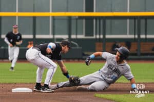 Creighton Bluejay Kyle Hess gets the out at second during a baseball game at Charles Schwab Field on Sunday, April 27th, 2025 in Omaha Nebraska. Photo by Collin Stilen.