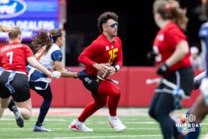 Nebraska quarterback Dylan Raiola tackled by Midland during Husker games Saturday, April 26, 2025 in Lincoln, Nebraska. Photo by John S. Peterson.