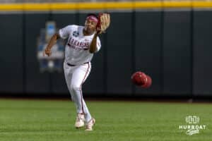 Arkansas Razorback outfielder Justin Thomas Jr. (4) makes a catch for an out against the UCLA Bruins in the eighth inning during the College World Series on Tuesday, June 17, 2025 in Omaha, Nebraska. Photo by John S. Peterson.