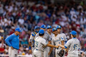 UCLA Bruin pitcher Chris Grothues (45) comes in to pitch against the Arkansas Razorbacks in the seventh inning during the College World Series on Tuesday, June 17, 2025 in Omaha, Nebraska. Photo by John S. Peterson.