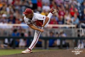 Arkansas Razorback pitcher Aiden Jimenez (16) throws a pitch against the UCLA Bruins in the sixth inning during the College World Series on Tuesday, June 17, 2025 in Omaha, Nebraska. Photo by John S. Peterson.