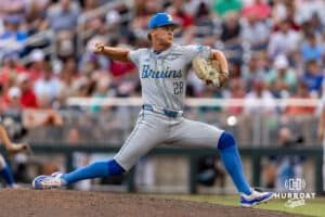 UCLA Bruin pitcher Cal Randall (28) throws a pitch in the fifth inning against the Arkansas Razorbacks during the College World Series on Tuesday, June 17, 2025 in Omaha, Nebraska. Photo by John S. Peterson.