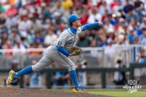 UCLA Bruin pitcher Ian May (10) throws a pitch in the fifth inning against the Arkansas Razorbacks during the College World Series on Tuesday, June 17, 2025 in Omaha, Nebraska. Photo by John S. Peterson.