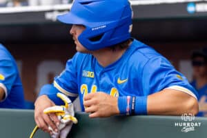 UCLA Bruin catcher Blake Balsz (33) wearing a Team Jack braclet showing support when in Nebraska against the LSU Tigers during the College World Series on Tuesday, June 17, 2025 in Omaha, Nebraska. Photo by John S. Peterson.
