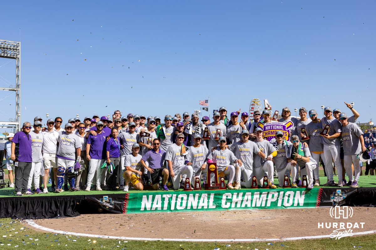 2025 College World Series LSU v Coastal Carolina | 2025-06-22 LSU Tigers pose with trophy after winning the National Championship over the Coastal Carolina Chanticleers in the second game of the finals during the College World Series on Sunday, June 22, 2025 in Omaha, Nebraska. Photo by John S. Peterson.