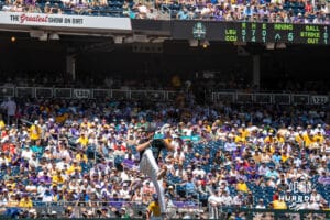Coastal Carolina Chantelier pitcher Hayden Johnson (18) throws during a baseball game Sunday June 22nd 2025 in Omaha Nebraska. Photo by Brandon Tiedemann.