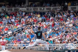 Coastal Carolina Chanticleer pitcher Hayden Johnson (18) throws during a baseball game Thursday June 18th 2025 in Omaha Nebraska. Photo by Brandon Tiedemann.