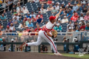 Louisville Cardinal pitcher TJ Schlageter (19) pitches during a baseball game Thursday June 18th 2025 in Omaha Nebraska. Photo by Brandon Tiedemann.