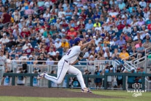 LSU Tiger pitcher Chase Shores (34) pitches during a baseball game Thursday June 18th 2025 in Omaha Nebraska. Photo by Brandon Tiedemann.