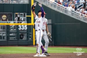 LSU Tiger outfielder Derek Curiel (6) celebrates a double during a baseball game Thursday June 18th 2025 in Omaha Nebraska. Photo by Brandon Tiedemann.