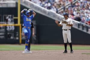 UCLA Bruins Kaena Kiakona celebrates during a game against Murray State on June 14th, 2025 in Omaha, Nebraska. Photo by John Peterson.