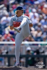 Arizona Wildcat pitcher Garrett Hicks (99) throws a pitch against the Coastal Carolina Chanticleers in the seventh inning during the College World Series on Friday, June 13, 2025 in Omaha, Nebraska. Photo by John S. Peterson.