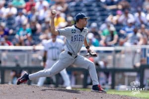 Arizona Wildcat pitcher Casey Hintz (16) throws a pitch against the Coastal Carolina Chanticleers in the sixth inning during the College World Series on Friday, June 13, 2025 in Omaha, Nebraska. Photo by John S. Peterson.