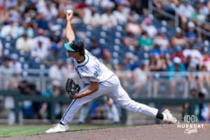 Coastal Carolina Chanticleer pitcher Cameron Flukey (2) throws a pitch in the fifth inning Arizona Wildcats during the College World Series on Friday, June 13, 2025 in Omaha, Nebraska. Photo by John S. Peterson.