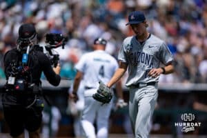 Arizona Wildcat pitcher Owen Kramkowski (17) walks to the dugout after the fourth inning against the Coastal Carolina Chanticleers during the College World Series on Friday, June 13, 2025 in Omaha, Nebraska. Photo by John S. Peterson.