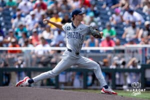 Arizona Wildcat pitcher Owen Kramkowski (17) throws. a pitch against the Coastal Carolina Chanticleers in the first inning during the College World Series on Friday, June 13, 2025 in Omaha, Nebraska. Photo by John S. Peterson.