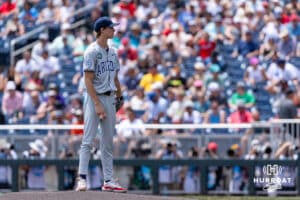 Arizona Wildcat pitcher Owen Kramkowski (17) prepares to throw a pitch against the Coastal Carolina Chanticleers in the first inning during the College World Series on Friday, June 13, 2025 in Omaha, Nebraska. Photo by John S. Peterson.